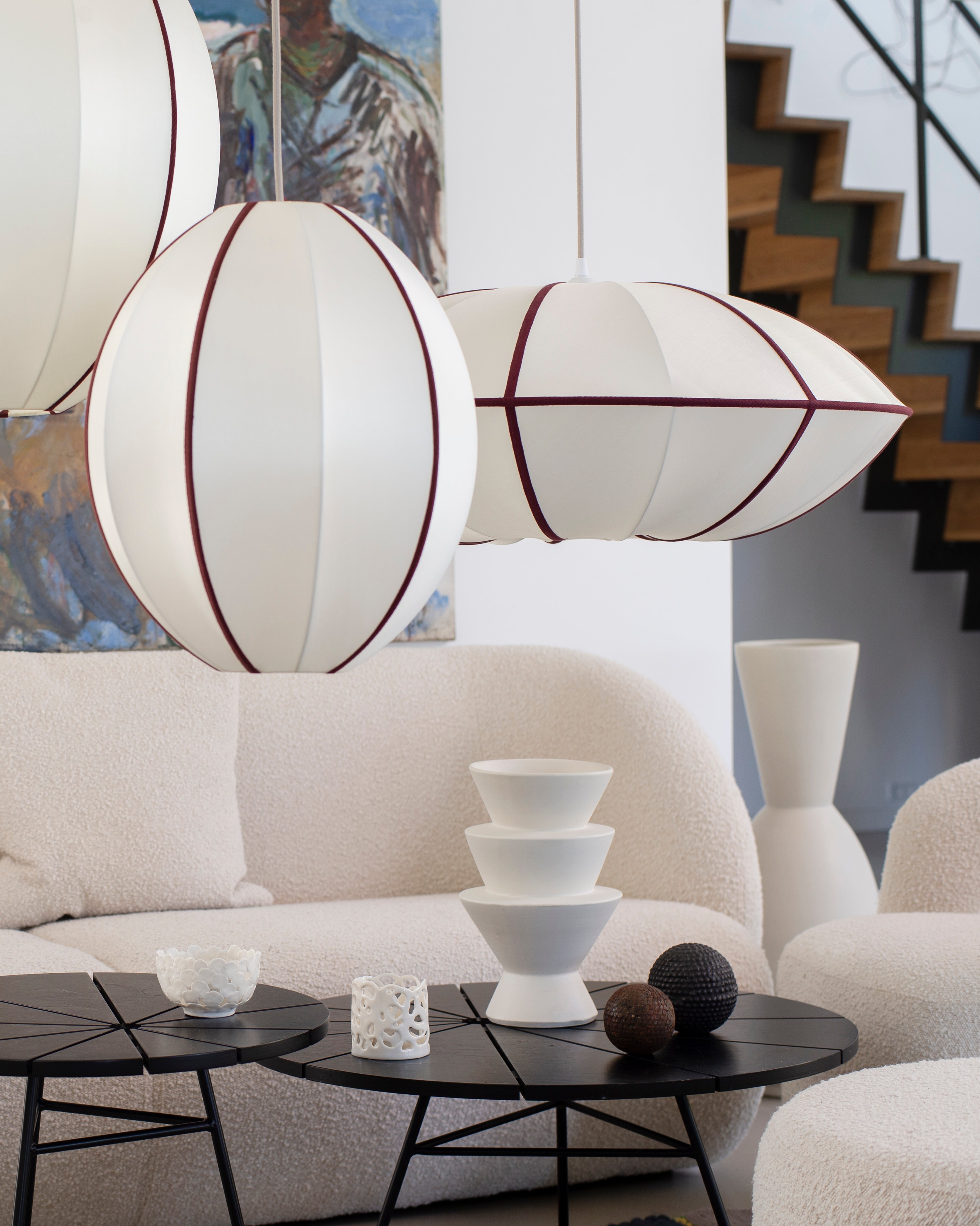 Lampeskærm Indochina Offwhite/Bordeaux Oval S
