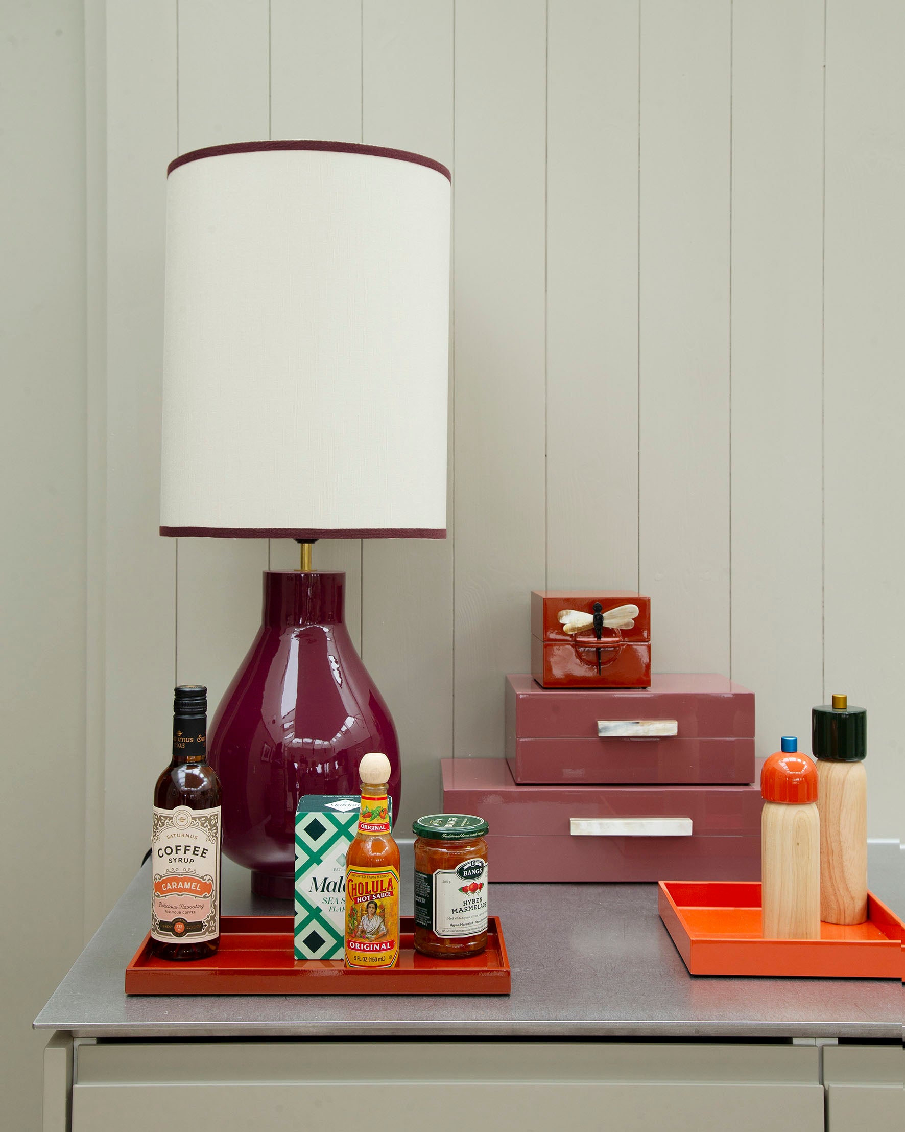 Cylinder lampshade sand/bordeaux 30x39